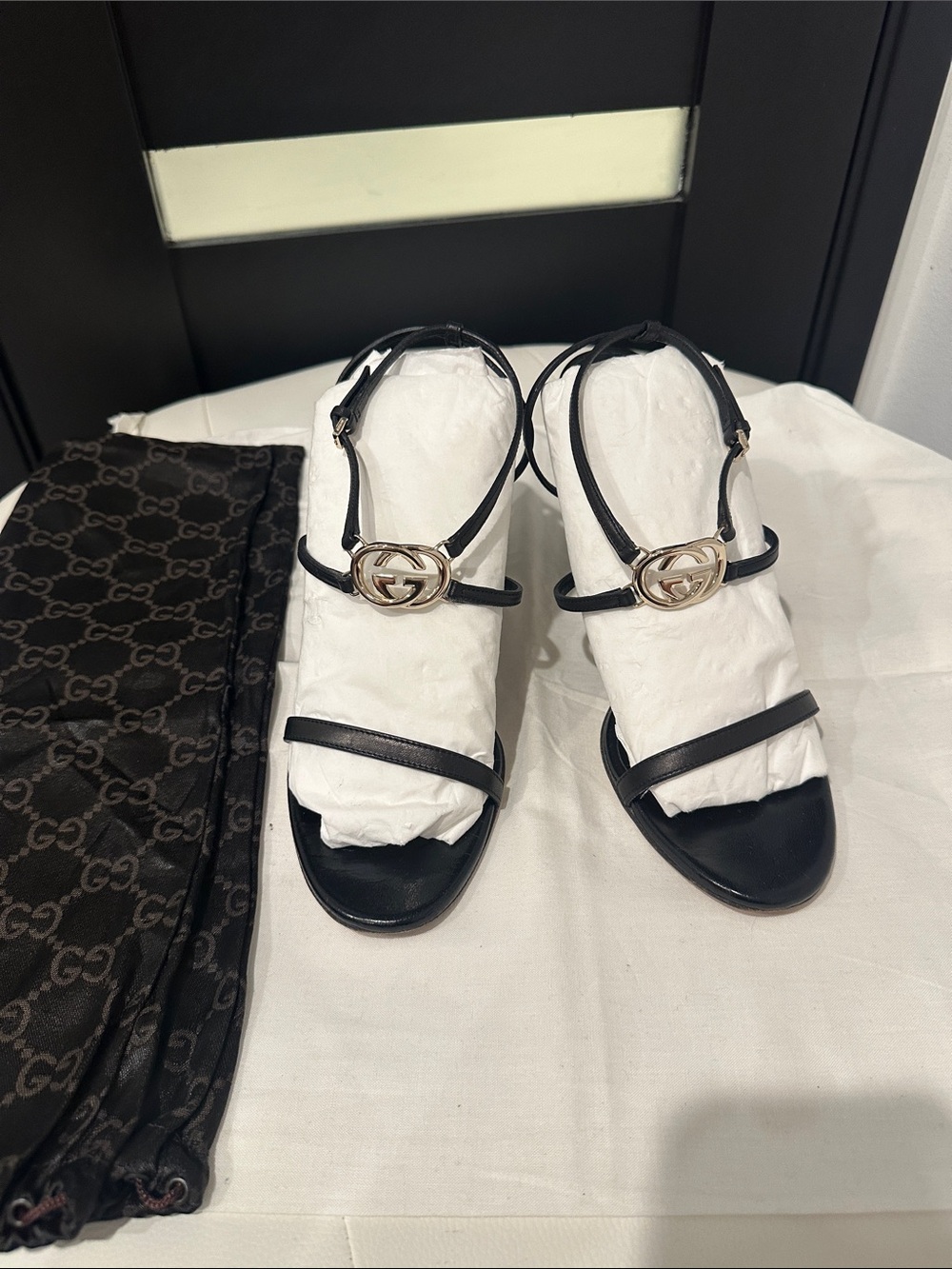 Gucci Black Leather Strappy Heels with Gold Interlocking G